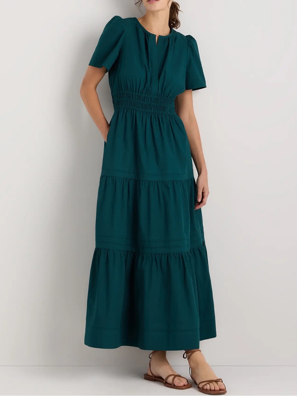 Quince 100% Organic Cotton Poplin Tiered Maxi Dress in Ocean Green